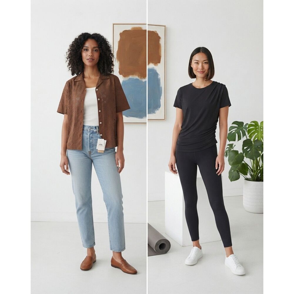 Lot of 2 Fall Layering: Reese Blutstein Eyelet Blouse + Athleta Active Tee | M